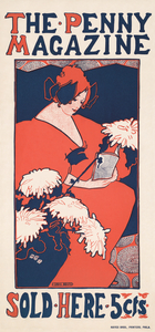 The Penny Magazine 1896 vintage cover of a woman holding a book with chrysanthemum flowers in foreground by Ethel Reed. 