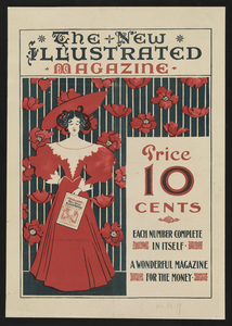 Flowers and a fashionably dressed woman standing and holding copy of the magazine 1890–1900 print by Ethel Reed.