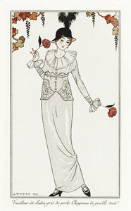 Costumes Parisiens no. 8: Tailleur de Satin gris de perle. Chapeau de paille noir from Journal des Dames et des Modes 1912 fashion illustration  by George Barbier. 