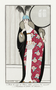Costumes Parisiens no. 39: Robe de cr&ecircpe de Chine blanc from Journal des Dames et des Modes 1912 fashion illustration  by George Barbier. 