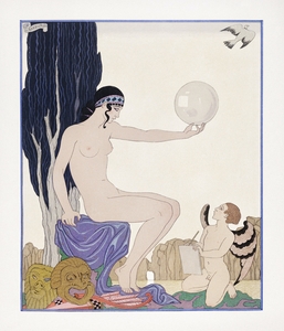 Seated woman and cherub 1929 fashion illustration by George Barbier.