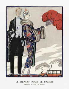 Le d&eacutepart pour le casino Manteau du soir de Worth 1923 fashion illustration  by George Barbier. 