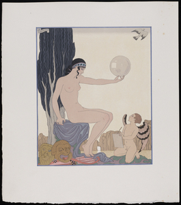 Seated woman and cherub 1929 fashion illustration  by George Barbier.