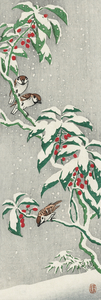 Sparrows on snowy berry bush 1900-1945 by Ohara Koson 1877-1945