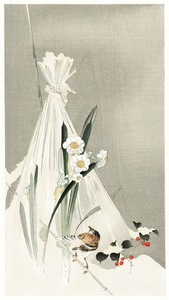 A bird with narcissus flowers and a hay bundle 1900-1930 by Ohara Koson 1877-1945.