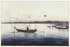 Boats and setting sun 1900 - 1936 by Ohara Koson 1877-1945.