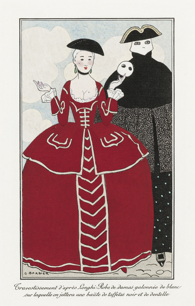 Costumes Parisiens No. 56: Travestissement dapr&egraves Longhi from Journal des Dames et des Modes 1913 fashion illustration  by George Barbier.  Print