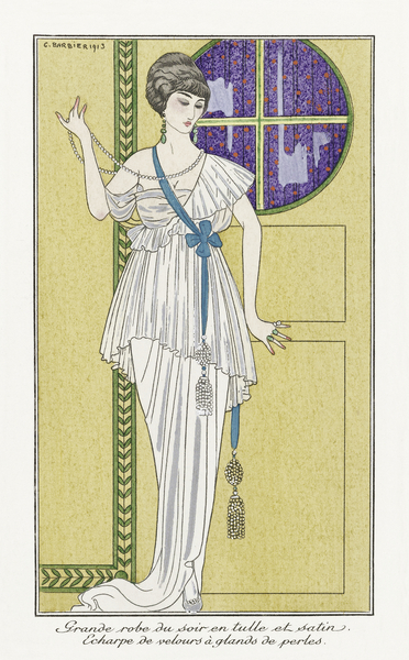 Costumes Parisiens No. 84: Grande robe du soir from Journal des Dames et des Modes 1913 fashion illustration  by George Barbier.  Print