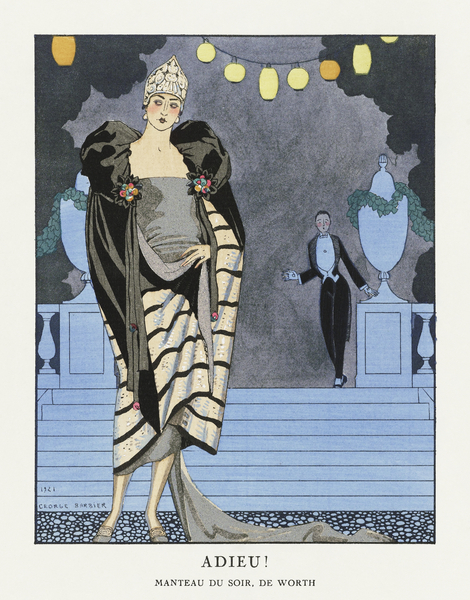 Adieu! / Manteau du soir de Worth from Gazette du Bon Ton. Art &ndash Modes & Frivolit&eacutes: Evening Attire No. 4 Pl. 28 1921 fashion illustration  by George Barbier.  Print