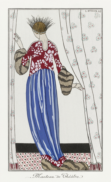 Costumes Parisiens No. 71: Manteau de Th&eacute&acirctre from Journal des Dames et des Modes 1913 fashion illustration by George Barbier.  Print