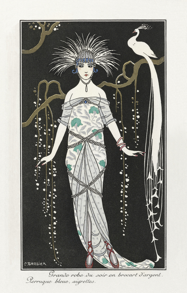 Costumes Parisiens: Grande robe du soir from Journal des Dames et des Modes 1914 fashion illustration  by George Barbier.  Print