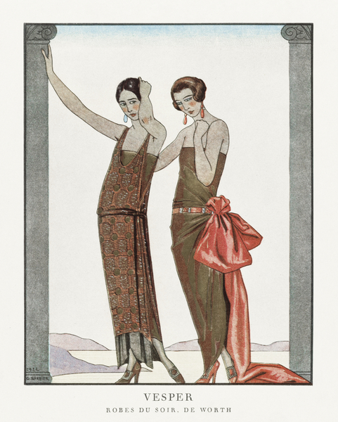 Vesper / Robes du soir de Worth from Gazette du Bon Ton No. 8 1922 fashion illustration  by George Barbier.  Print