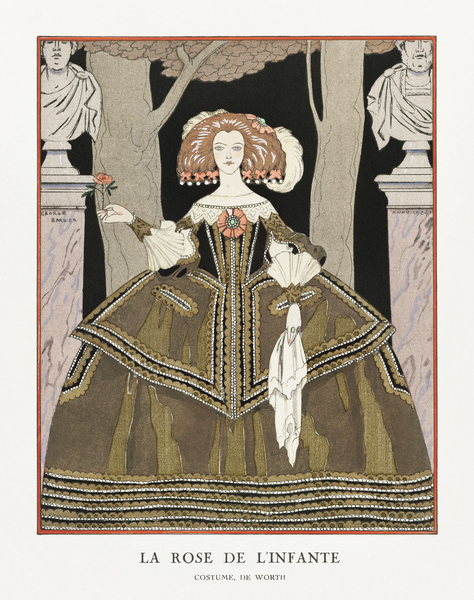 La rose de linfante: Costume de Worth from Gazette du Bon Ton. Art- Modes & Frivolit&eacutes No. 8 1924 fashion illustration  by George Barbier.  Print