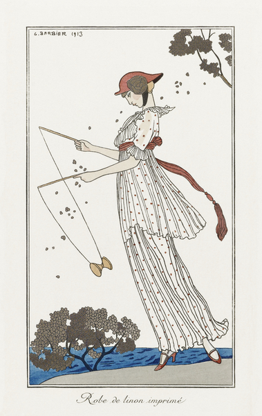 Costumes Parisiens: Robe de linon imprim&eacute from Journal des Dames et des Modes 1913 fashion illustration  by George Barbier.  Print