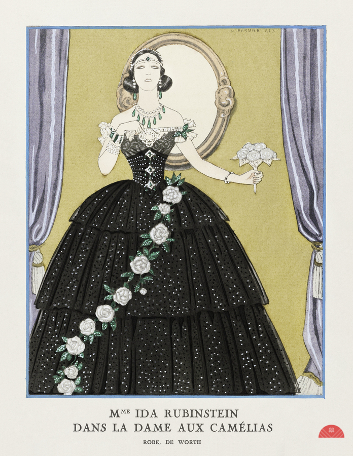 Mme Ida Rubinstein dans La Dame aux Cam&eacutelias 1923 fashion illustration  by George Barbier.   Print