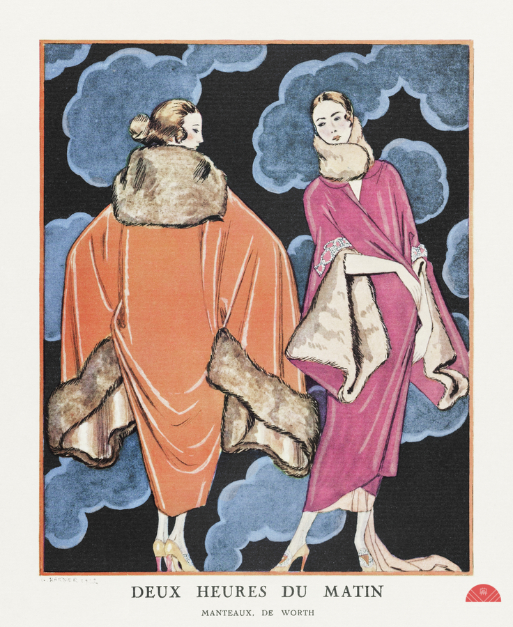 Deux heures du matin / Manteaux de Worth from Gazette du Bon Ton. Art- Modes & Frivolit&eacutes No. 2 1923 fashion illustration  by George Barbier.   Print
