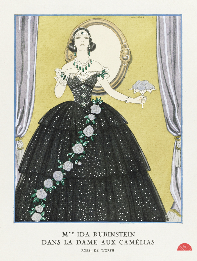 Mme Ida Rubinstein dans la dame aux cam&eacutelias / Robe de Worth from Gazette du Bon Ton. Art- Modes & Frivolit&eacutes No. 5 1923 fashion illustration by George Barbier.   Print
