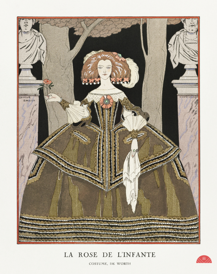 La rose de linfante: Costume de Worth from Gazette du Bon Ton. Art- Modes & Frivolit&eacutes No. 8 1924 fashion illustration  by George Barbier.   Print