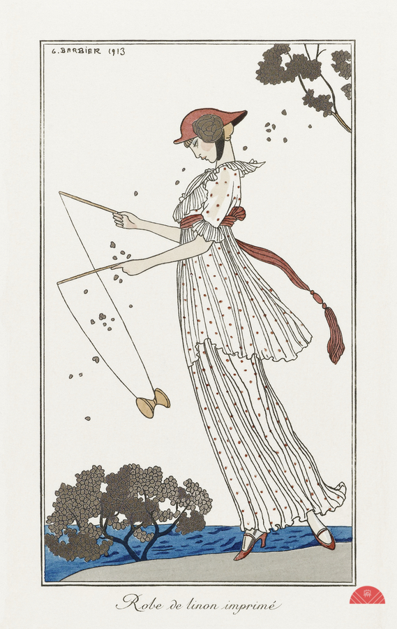 Costumes Parisiens: Robe de linon imprim&eacute from Journal des Dames et des Modes 1913 fashion illustration  by George Barbier.   Print