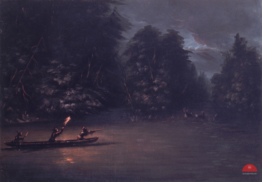 Deer Hunting By Torchlight In Bark Canoes 1846-1848  Print