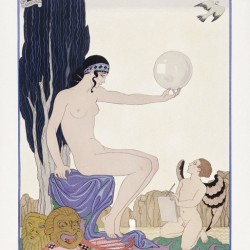 Seated woman and cherub 1929 fashion illustration by George Barbier.