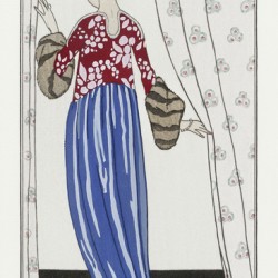 Costumes Parisiens No. 71: Manteau de Th&eacute&acirctre from Journal des Dames et des Modes 1913 fashion illustration by George Barbier. 