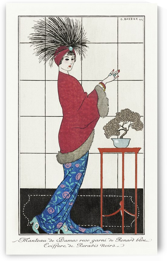 Costumes Parisiens no. 35: Manteau de Damas ros from Journal des Dames et des Modes 1912 fashion illustration   by George Barbier.  by IStockHistory com