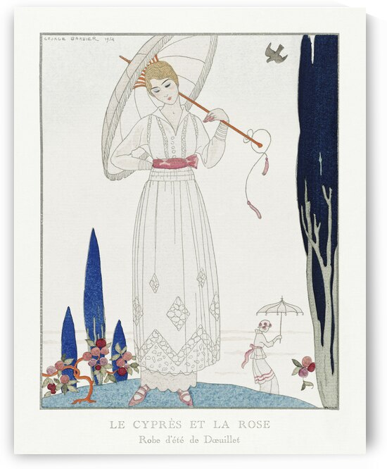The cypress and the rose: Summer dress by Doeuillet from Gazette du Bon Ton No. 7 Pl. 70 1914 fashion illustration  by George Barbier.  by IStockHistory com