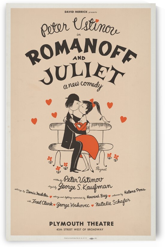David Merrick presents Peter Ustinov in Romanoff and Juliet a new comedy 1960 Raymond Peynet French 1908 – 1999 Artcraft Lithograph Poster 1905–1970 by IStockHistory com