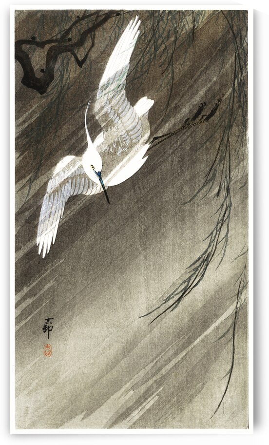 Egret in storm 1900 - 1936 by Ohara Koson 1877-1945. by IStockHistory com