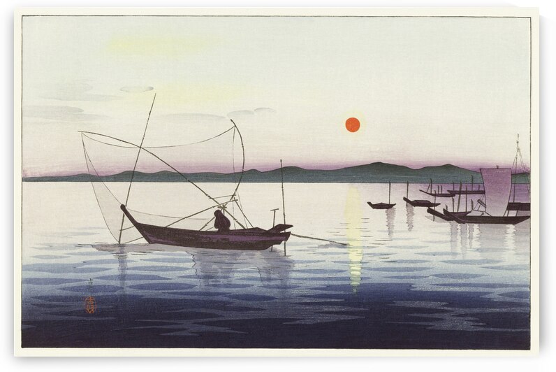 Boats and setting sun 1900 - 1936 by Ohara Koson 1877-1945. by IStockHistory com