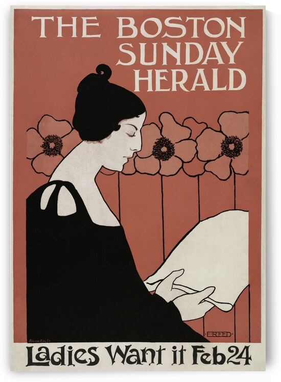 The Boston Sunday Herald 1895–1901 vintage poster of a woman reading a newspaper in art nouveau style by Ethel Reed.  by IStockHistory com