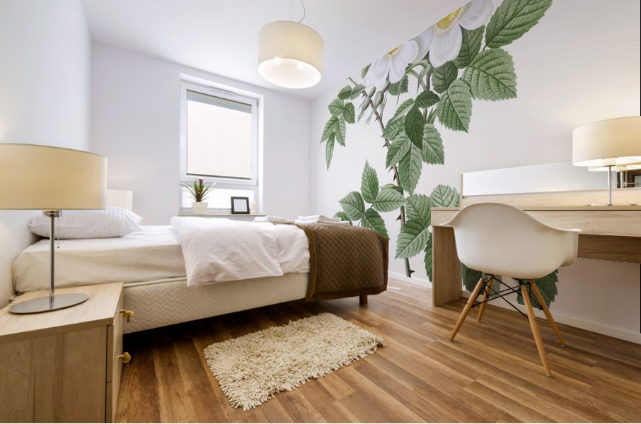 Blooming white rosebush Mural print