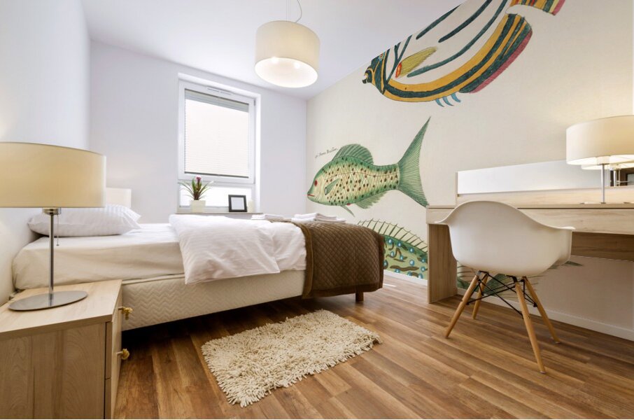 Colourful and surreal illustrations of fishes found in Moluccas Indonesia and the East Indies by Louis Renard 1678 -1746 from Histoire naturelle des plus rares curiositez de la mer des Indes 1754. Mural print