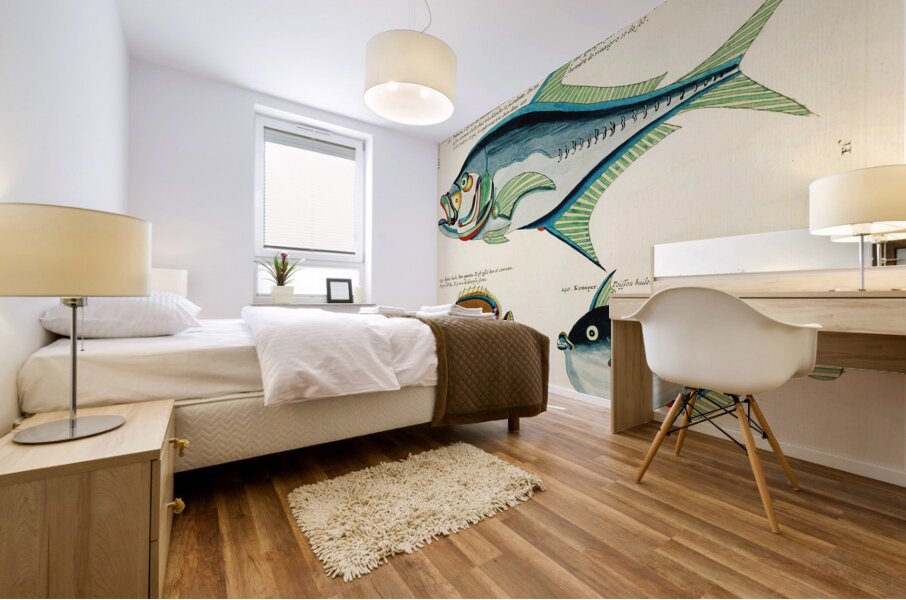 Colourful and surreal illustrations of fishes found in Moluccas Indonesia and the East Indies by Louis Renard 1678 -1746 from Histoire naturelle des plus rares curiositez de la mer des Indes 1754. Mural print