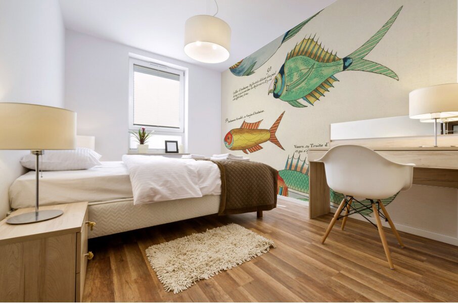 Colourful and surreal illustrations of fishes found in Moluccas Indonesia and the East Indies by Louis Renard 1678 -1746 from Histoire naturelle des plus rares curiositez de la mer des Indes 1754. Mural print