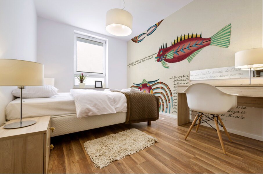 Colourful and surreal illustrations of fishes and crabs found in Moluccas Indonesia and the East Indies by Louis Renard 1678 -1746 from Histoire naturelle des plus rares curiositez de la mer des Indes 1754. Mural print