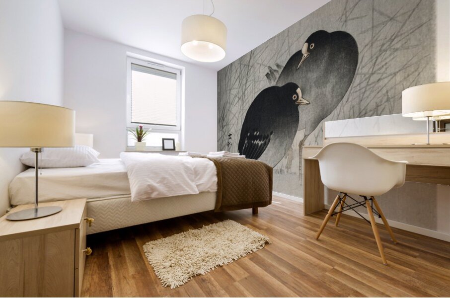 Moorhills between reeds 1900 - 1930 by Ohara Koson 1877-1945. Mural print