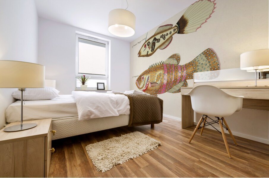 Colourful and surreal illustrations of fishes and sea horse found in Moluccas Indonesia and the East Indies by Louis Renard 1678 -1746 from Histoire naturelle des plus rares curiositez de la mer des Indes 1754. Mural print