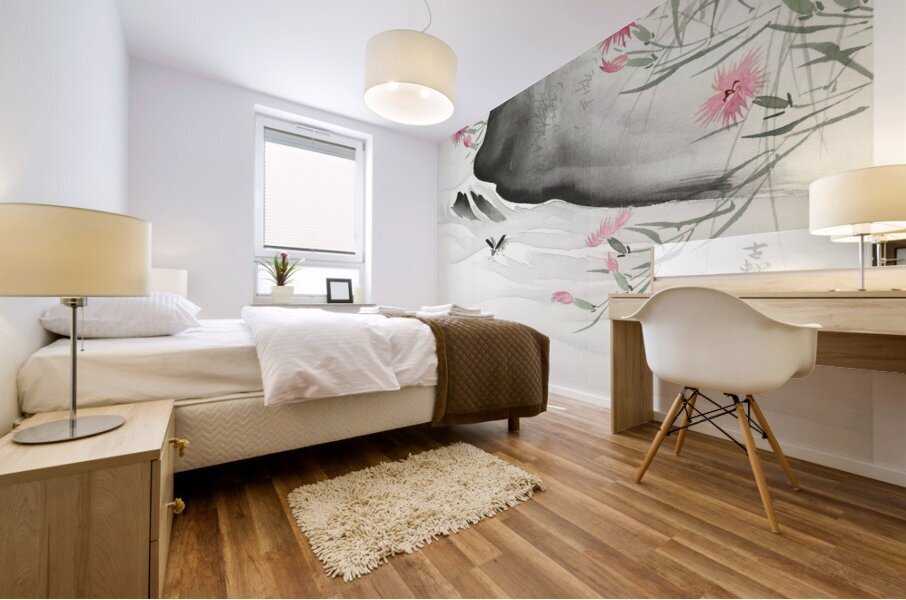 Plants with pink flowers by the river 1877-1945 by Ohara Koson 1877-1945. Mural print