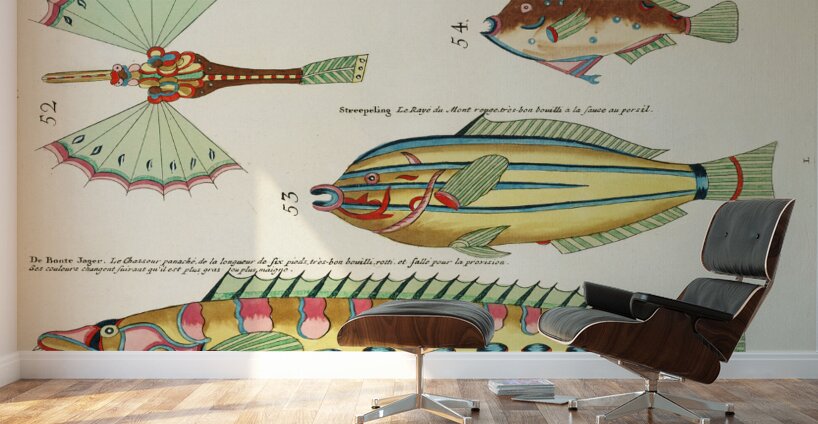 Colourful and surreal illustrations of fishes found in Moluccas Indonesia and the East Indies by Louis Renard 1678 -1746 from Histoire naturelle des plus rares curiositez de la mer des Indes 1754. Wall Murals