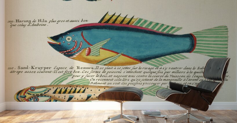 Colourful and surreal illustrations of fishes and crab found in Moluccas Indonesia and the East Indies by Louis Renard 1678 -1746 from Histoire naturelle des plus rares curiositez de la mer des Indes 1754. Wall Murals