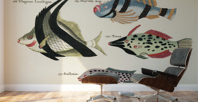 Colourful and surreal illustrations of fishes found in Moluccas Indonesia and the East Indies by Louis Renard 1678 -1746 from Histoire naturelle des plus rares curiositez de la mer des Indes 1754. Wall Murals