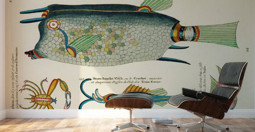 Colourful and surreal illustrations of fishes and crab found in Moluccas Indonesia and the East Indies by Louis Renard 1678 -1746 from Histoire naturelle des plus rares curiositez de la mer des Indes 1754. Wall Murals