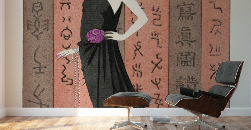 Le paravent rouge: Robe du soir de Worth from Gazette du Bon Ton. Art &ndash Modes & Frivolit&eacutes: Famous Fashion Houses No. 10 Pl. 80 1921 fashion illustration  by George Barbier.  Wall Murals