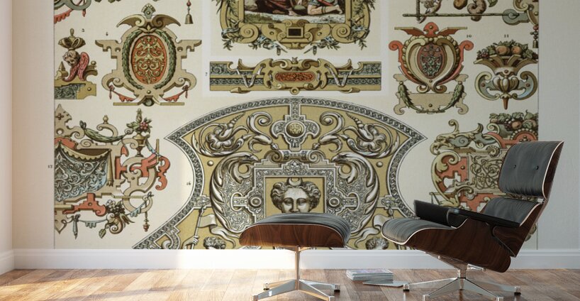 16th Century pattern. 1888 edition Lornement Polychrome by Albert Racine 1825–1893. Wall Murals