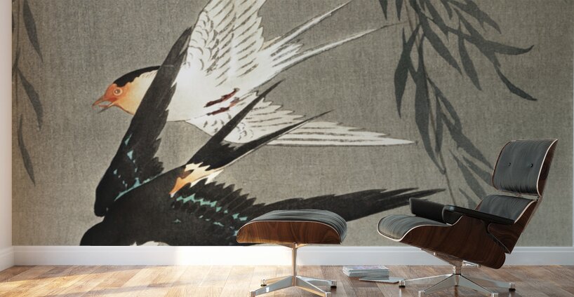 Three red-tailed swallows in dive 1900-1930 by Ohara Koson 1877-1945. Wall Murals