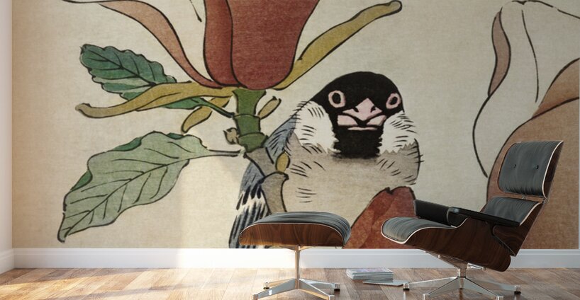 Sparrow on blooming magnolia branch 1900 - 1930 by Ohara Koson 1877-1945. Wall Murals