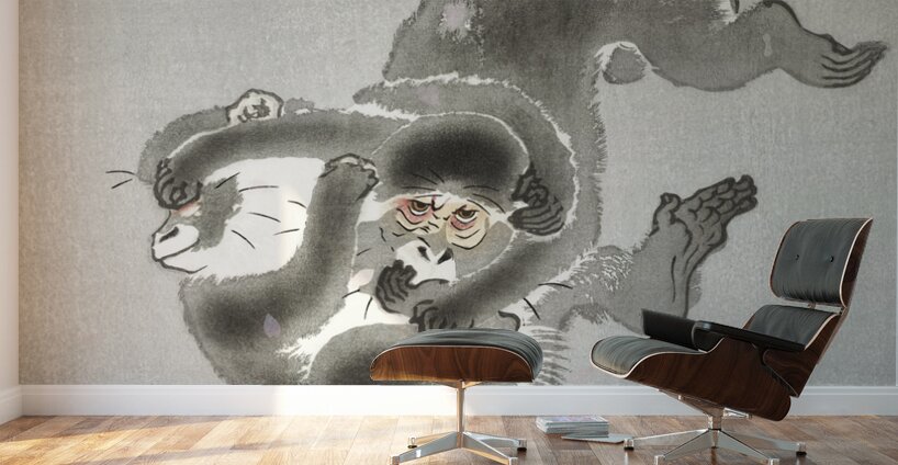 Two playing monkeys 1900 - 1930 by Ohara Koson 1877-1945. Wall Murals