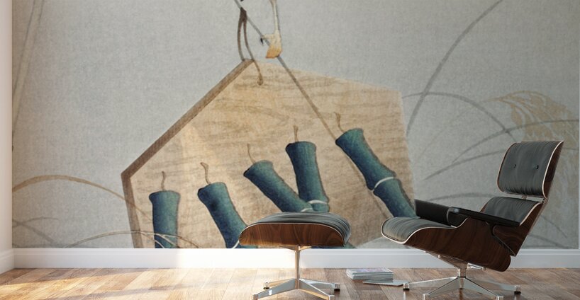 Ring sparrow on scarecrow 1900 - 1930 by Ohara Koson 1877-1945. Wall Murals